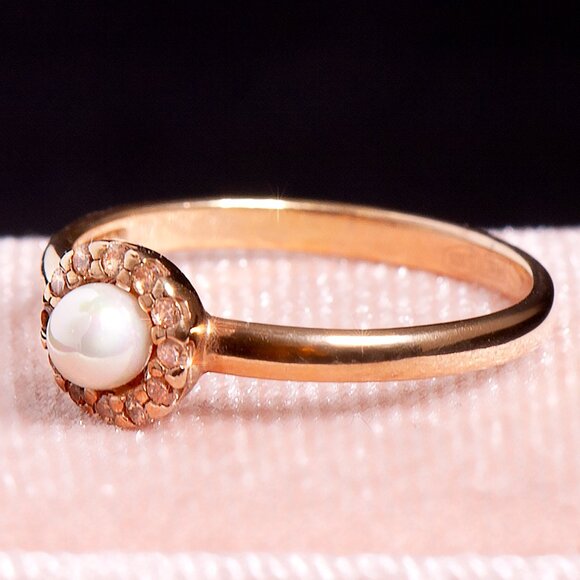Gold-Plated 925 Sterling Silver Pearl Ring • CZ Accents • Size 6 Dainty Ring - Picture 2 of 6